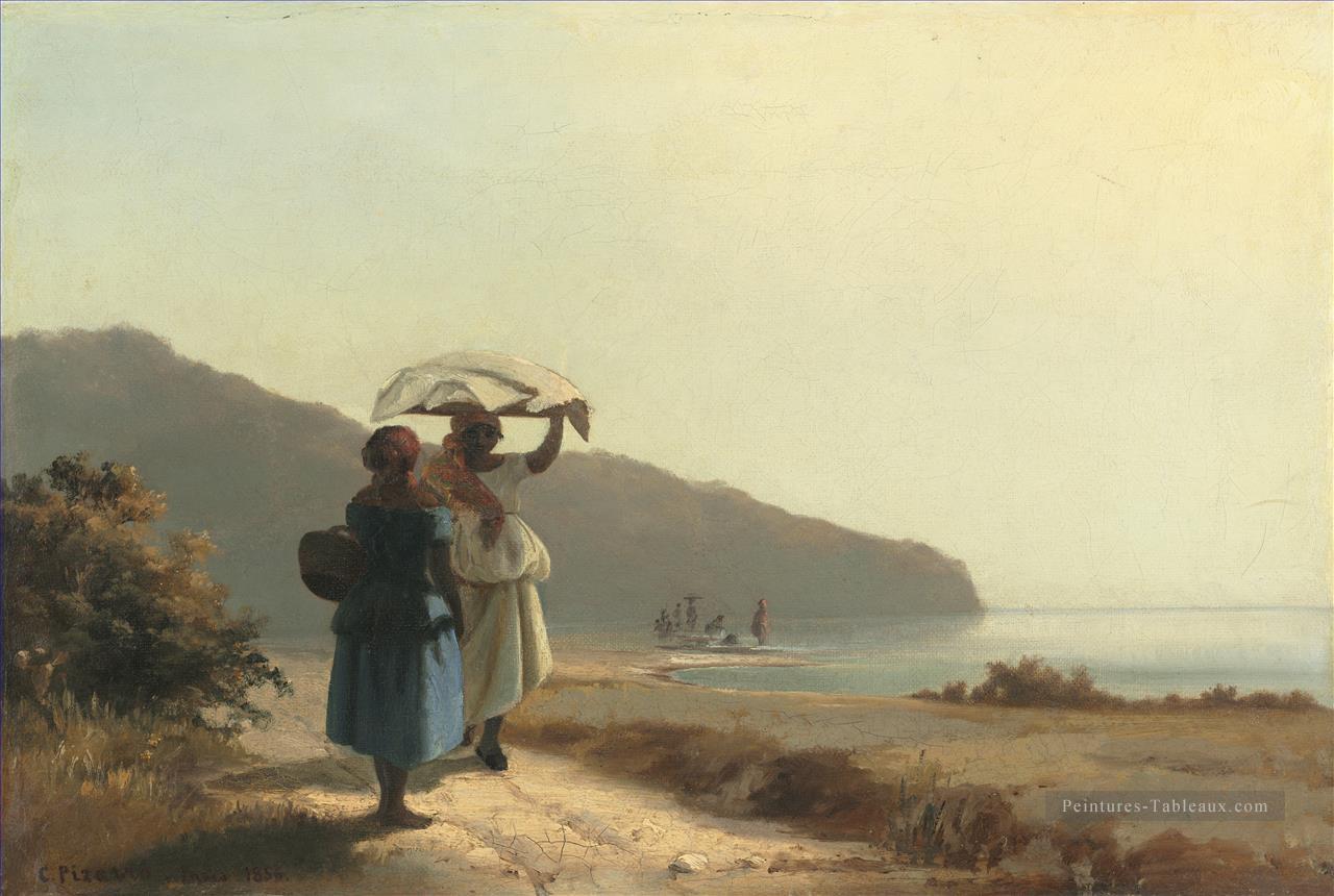 deux femmes bavardant au bord de la mer st thomas 1856 Camille Pissarro Peintures à l'huile